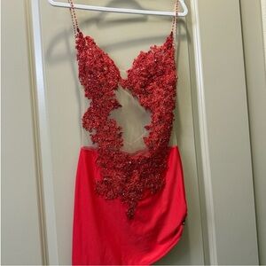 Red Embellished Sheer Detail Evening Dress - Women